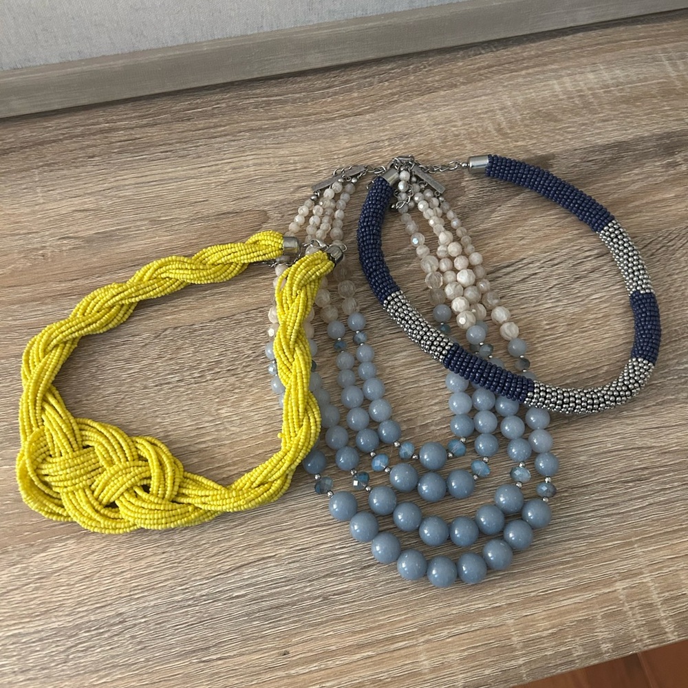 Set of Beaded Necklaces in Yellow, Blue, and Beige